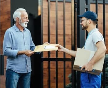 Courier handing a parcel to a customer at the door
